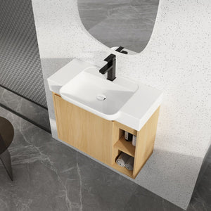 English Elm 28'' Floating Bathroom Vanity with Ceramic Sink Soft Close Door Melamine Cabinet Light Oak W999P426639