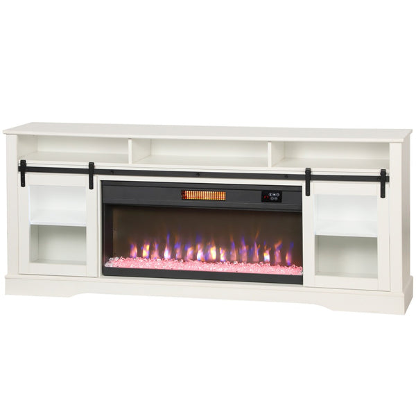 English Elm Tv Console with Electric Fireplace Mdf Steel Frame Glass Cabinet Media Storage White T3971S00088