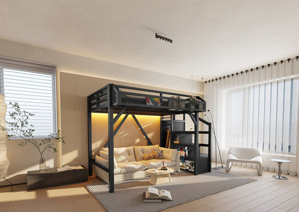 English Elm Twin Metal Loft Bed with Wardrobe Storage Stairs Led Lighting and Usb Ports W1580S00405