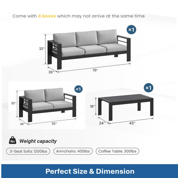 English Elm 3-piece Outdoor Aluminum Conversation Set with Deep Cushions and Wpc Coffee Table Light Gray B082S00099