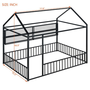 English Elm Full Metal House Bed Frame Full Size with Built-In Fence and 4 Grid Shelves for Durable Storage and Style Black N737P175361B