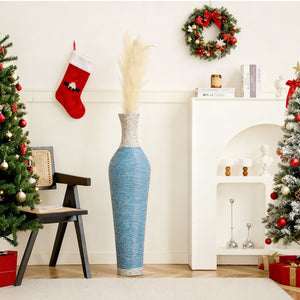 English Elm 39-Inch Tall Designer Floor Vase in Lake Blue PVC with Brushed Gold Accents for Dramatic Room Styling W2796P300933