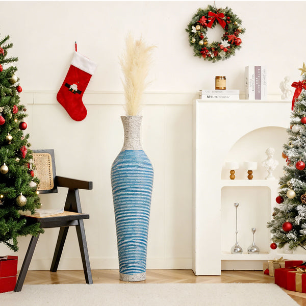 English Elm 39-Inch Tall Designer Floor Vase in Lake Blue PVC with Brushed Gold Accents for Dramatic Room Styling W2796P300933