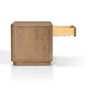 English Elm Driftwood Oak End Table with Open Shelf and Push Drawer for Modern Living B035P437552