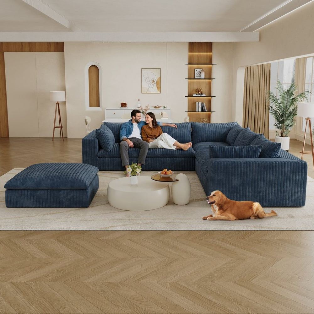 English Elm 118.2" Modular Cloud Sofa Corduroy Upholstered Deep Seat Lounge for Living Room Blue W2824S00156