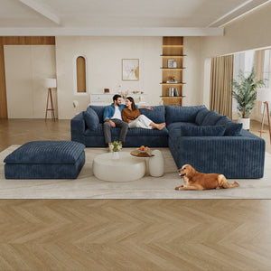 English Elm 118.2" Modular Cloud Sofa Corduroy Upholstered Deep Seat Lounge for Living Room Blue W2824S00156