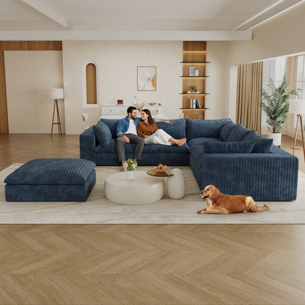 English Elm 118.2" Modular Cloud Sofa Corduroy Upholstered Deep Seat Lounge for Living Room Blue W2824S00156