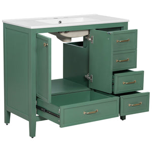 English Elm Christopher Knight Home® - 36" Vintage-inspired Bathroom Vanity with Ceramic Sink, Solid Wood Frame, Soft-Close Drawers, Spacious Storage Green N759P293646F