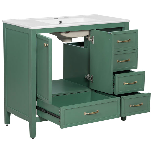 English Elm Christopher Knight Home® - 36" Vintage-inspired Bathroom Vanity with Ceramic Sink, Solid Wood Frame, Soft-Close Drawers, Spacious Storage Green N759P293646F