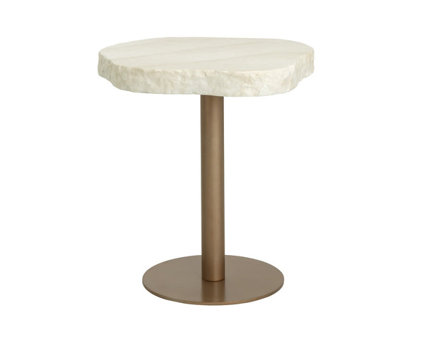 Sunpan DELMONT Bistro Table - Stylish 28" Faux Travertine Top with Antique Brass Base for Outdoor Elegance 112373