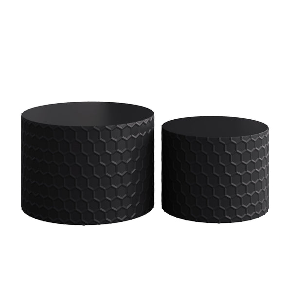English Elm Stylish Honeycomb Nesting Coffee Tables Set — Modern Round Drum Design, Durable MDF, Space-Saving Pair Black W757P206009