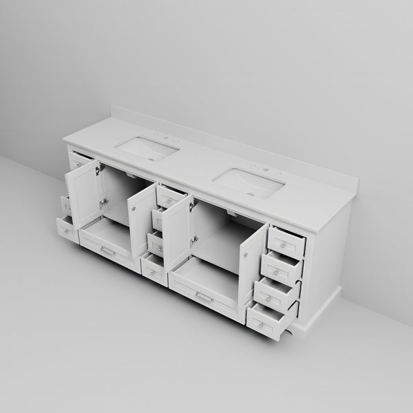 English Elm White Double Bath Vanity 84 in W x 22 in D with White Quartz Top — Solid Wood, Soft-Close, 14 Drawers, Spacious Storage B2731P258294