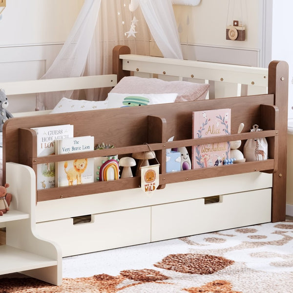 English Elm Twin Pine Floor Bed with Guardrails Built-in Bookcases and Stair Steps for Kids Beige W1580P430199