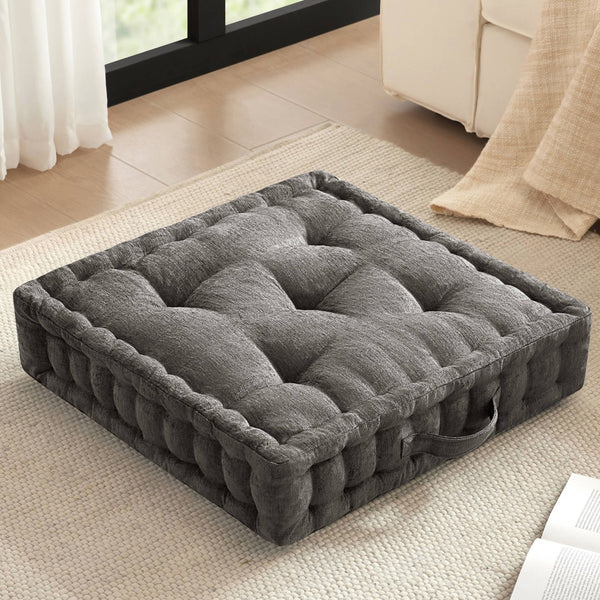 English Elm 1- Piece Tufted Chenille Floor Cushion with Scalloped Edge for Bohemian Living Spaces Charcoal B035P482971
