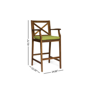 English Elm Christopher Knight Home® - PERLA Acacia Wood Outdoor Barstool Set of 2 with Water-Resistant Cushions, Cross-Back Farmhouse Charm Green 63748.00GRN