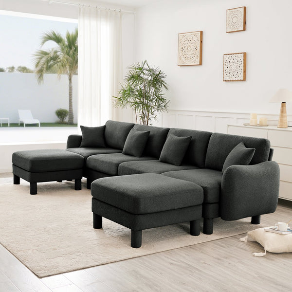 English Elm Boucle U-Shape 4-Seater Sectional Sofa With Shell Armrests & Movable Ottomans In Dark Grey Fabric W3041S00305