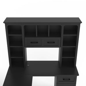 English Elm L-shaped Home Office Desk with Open Shelves Flip Shelf Cabinets and Drawer Storage Black W1580S00493