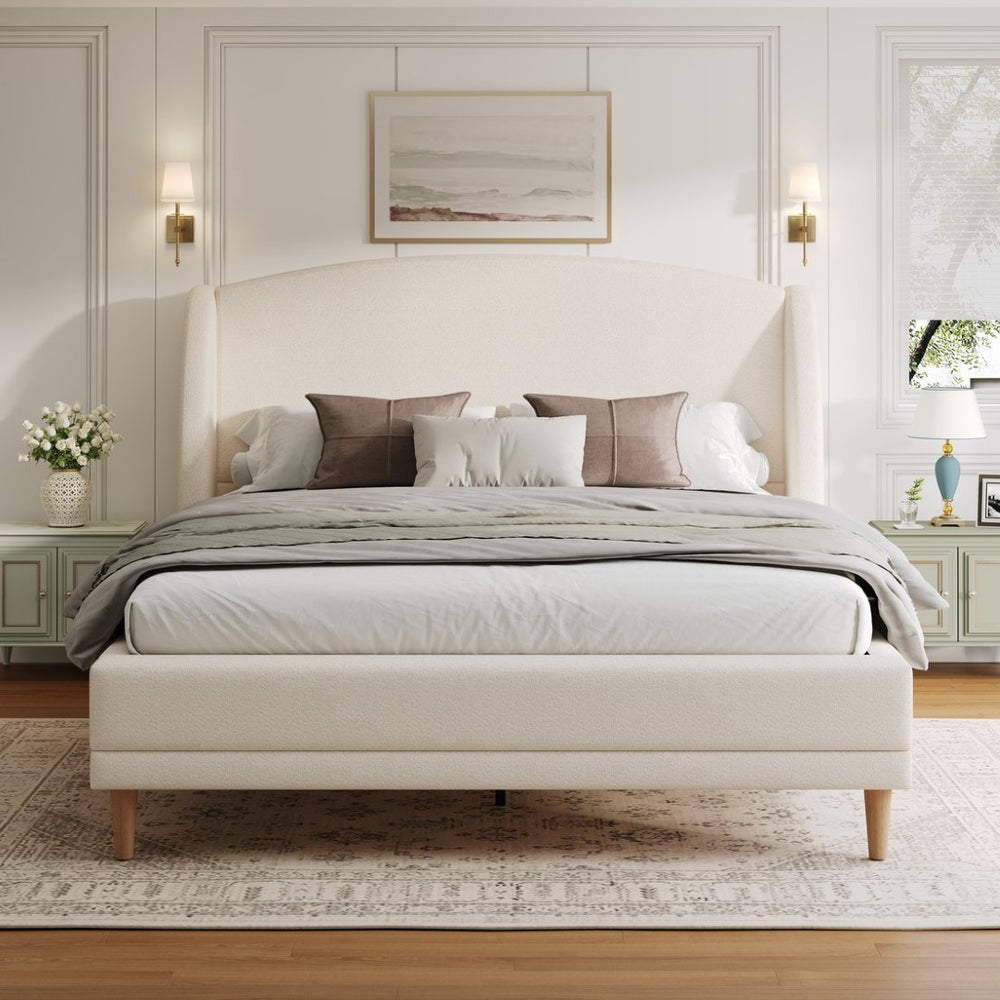 English Elm Queen Boucle Upholstered Wingback Platform Bed Rounded Frame for Modern Bedroom N757Q246186W-1