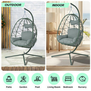 English Elm Hanging Egg Swing Chair Pe Wicker Foldable Frame with Cushion for Patio or Bedroom T5880P497576