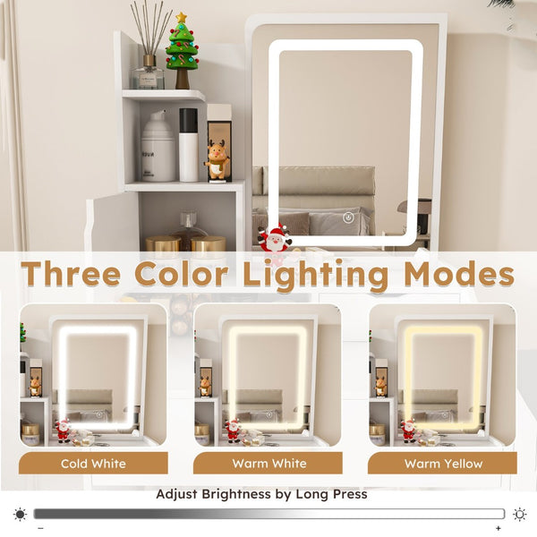 English Elm 3-color Led Vanity Table with Stool Drawers and Built-in Power Hub for Bedroom White W2700P457870