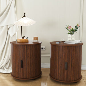 English Elm Mid Century Walnut Round End Table with Charging Station and Sliding Door Storage W2700P385517