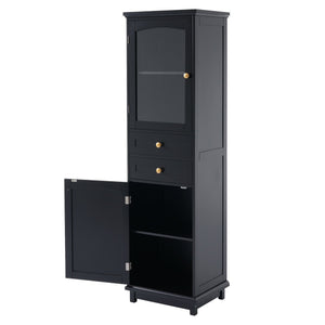 English Elm 63" Tall Bathroom Vanity Cabinet with Glass Doors, Two Drawers and Adjustable Shelves for Stylish Storage Black N729P171305B