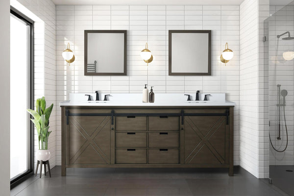 English Elm Rustic Brown Double Bath Vanity 84" W With Elegant White Quartz Top, Ample Storage & Style B2731P260098-GIGA