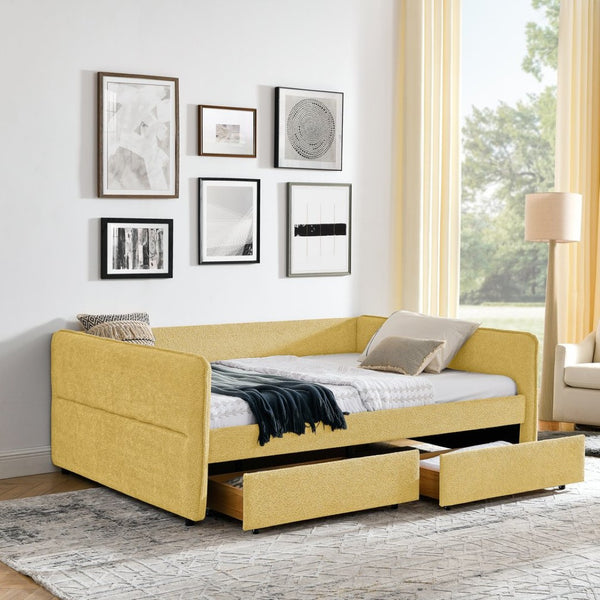English Elm Queen Boucle Tufted Daybed Sofa with Storage Drawers Eucalyptus Frame Guest Room Yellow W1413S00180