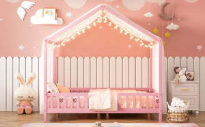 English Elm Montessori House Bed Frame Twin with Canopy & Full Guardrails, Cozy Kids Platform Bed for Toddlers Pink 77.8 L x 17.25 W x 7 H N733P356048H