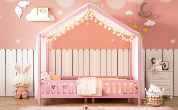 English Elm Montessori House Bed Frame Twin with Canopy & Full Guardrails, Cozy Kids Platform Bed for Toddlers Pink 77.8 L x 17.25 W x 7 H N733P356048H