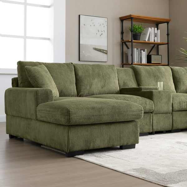 English Elm U Shaped Oversized Sectional Sofa with Double Chaise Console Cup Holders and Usb Port Green W1117S00266