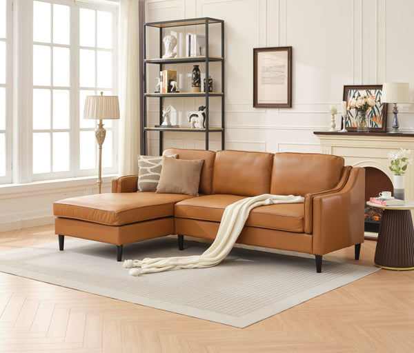 English Elm 94.5 Inch L-Shaped Genuine Leather Sofa With Left Chaise Lounge - Modern Tan Sectional Comfort W791S00022