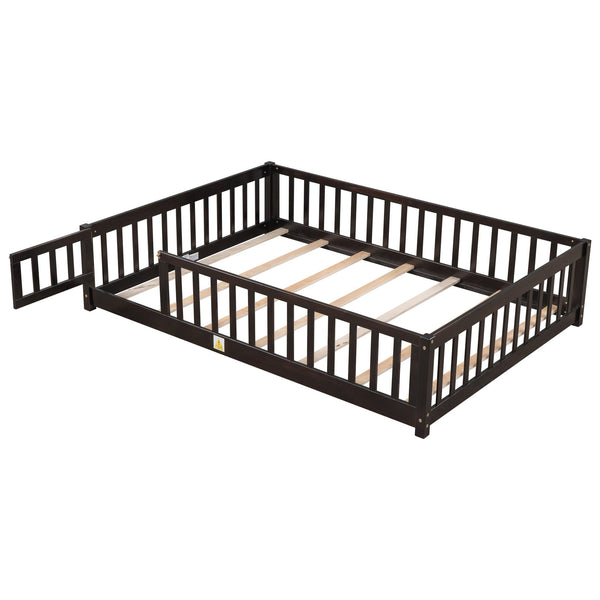 English Elm Full Size Floor Bed With Safety Fence & Door - Eco-Friendly Rubberwood Frame In Rich Espresso Finish W504P286381