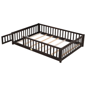 English Elm Full Size Rubberwood Floor Bed with Safety Guardrails and Latching Door for Toddlers Espresso W504P429302