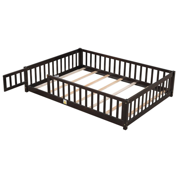 English Elm Full Size Rubberwood Floor Bed with Safety Guardrails and Latching Door for Toddlers Espresso W504P429302