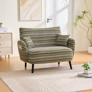 English Elm Modern tufted two-seater sofa with boucle upholstery, tapered legs, storage pockets, cozy compact design Olive Green W395P376589