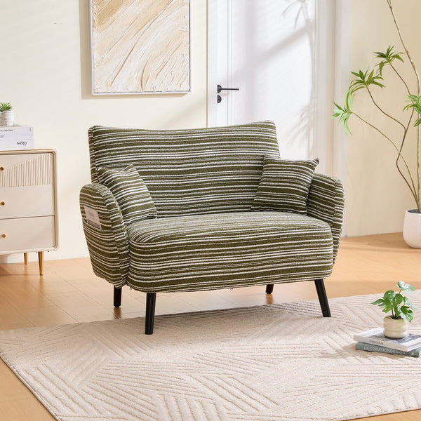 English Elm Modern tufted two-seater sofa with boucle upholstery, tapered legs, storage pockets, cozy compact design Olive Green W395P376589