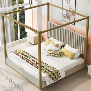 English Elm King Velvet Upholstered Four Poster Canopy Bed White Modern Bedroom Frame N7090002405A