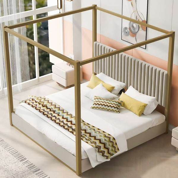 English Elm King Velvet Upholstered Four Poster Canopy Bed White Modern Bedroom Frame N7090002405A