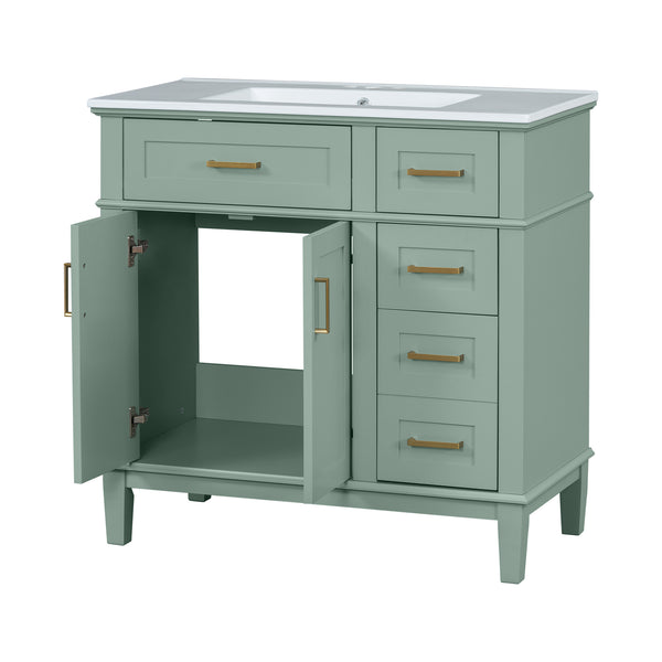 English Elm 36" Green Modern Bathroom Vanity with Ceramic Sink, 4 Soft-Close Drawers & Doors, Solid Wood Build N729P253935F