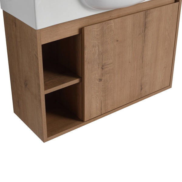 English Elm 26'' Wall-Mounted Bathroom Vanity with Glossy White Ceramic Sink, Soft-Close Door & Waterproof Finish Imitative Oak W999P310752