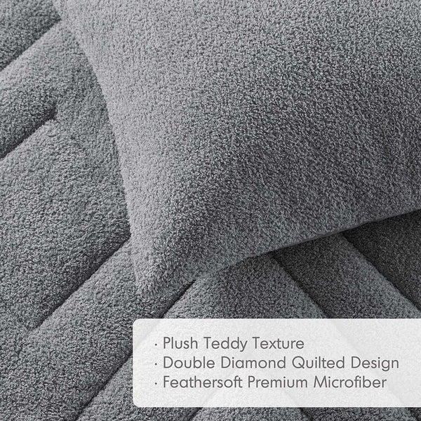 JLA Home Comfort Spaces - Double Double Diamond quilted teddy comforter set - plush microfiber reverse, Oeko-Tex certified cozy luxury Gray AM10-0270