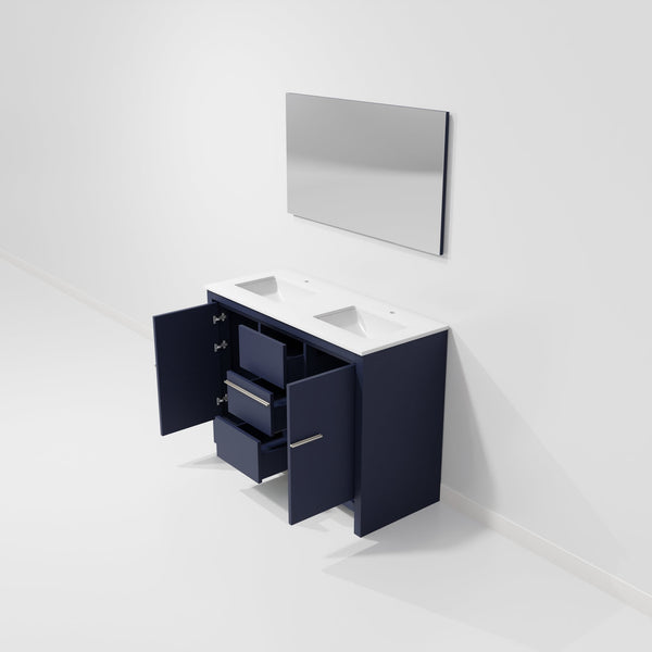 English Elm Navy Blue Double Bath Vanity With White Quartz Top, 43" Mirror & Ample Storage Solutions, 48" W B2731S01489