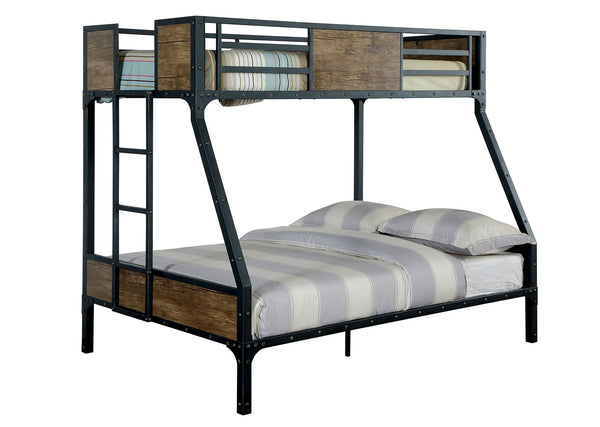 English Elm Twin Industrial Metal Bunk Bed with Wood Panels and Built-In Ladder, Guarded Top, Versatile Layouts Black 76 L x 58 W x 5 H B2741P353070