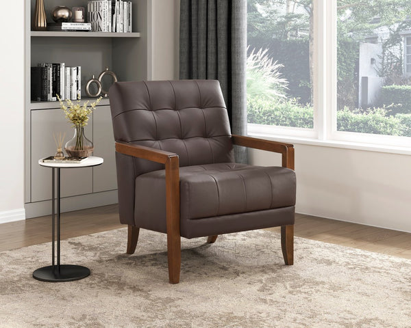 English Elm Modern Tufted Leather Accent Chair with Walnut Wood Frame, Upholstered Seat, Compact Stylish Design Dark Brown 28 L x 21 W x 25.75 H B011P271925