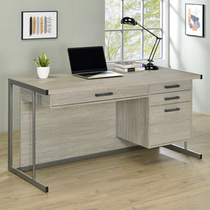 English Elm Brisley Weathered Whitewashed Grey Office Desk with Gunmetal Sled Base, 3-Drawer Ergonomic Storage (60") B062P333477