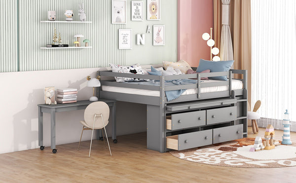 English Elm Full Size Kids Loft Bed Pinewood Frame Dual Study Desks Drawers and Open Shelving Gray LT000369AAE