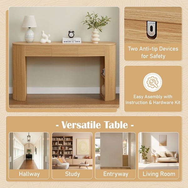 English Elm [video] Retro Fluted Console Table with 3 Drawers Open Niche Mid-century Entryway Natural N759P283616N