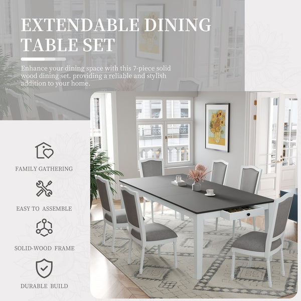 English Elm TOPMAX Rustic 7-Piece Solid Wood Extendable Dining Set with 18" Removable Leaf, 6 Upholstered Chairs, 2 Drawers Dark Gray,White SP000078AAE
