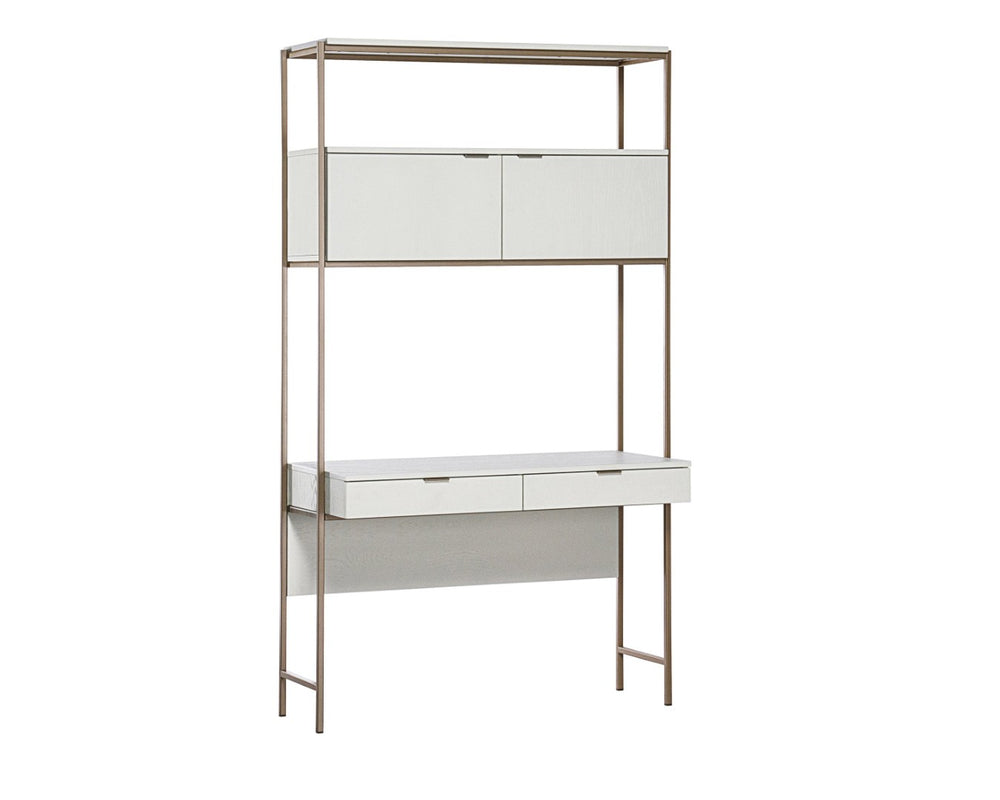 Sunpan AMBROSE Modular Wall Desk - Elegant Cream Oak & Champagne Gold Storage Solution for Modern Spaces 107643